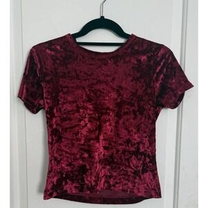 Hollister Shirt Small Crushed VeLvet Red‎ Cropped Velour Crewneck Short Sleeve